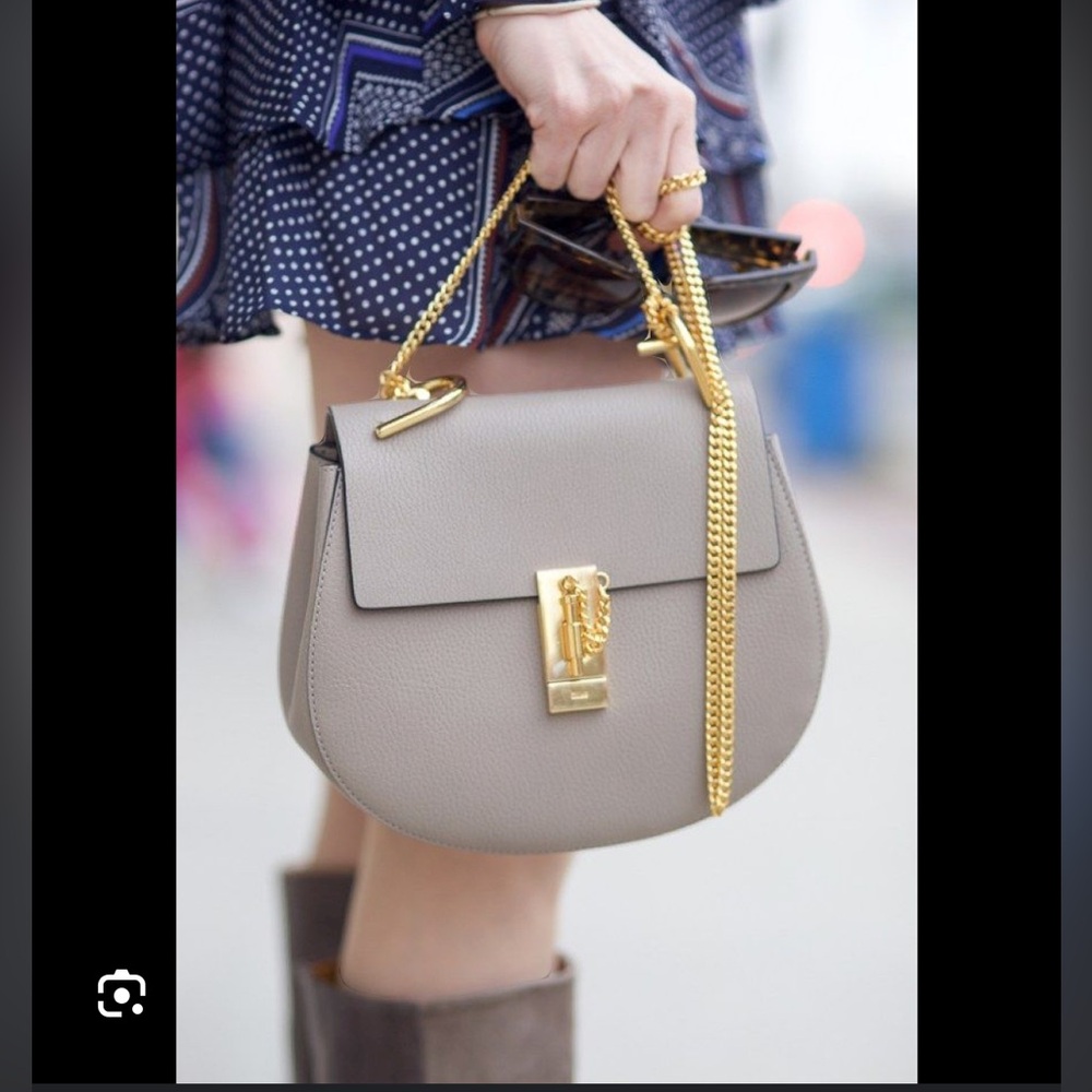 Chloe Drew Cross Body Leather Bag in Motty Grey (Taupe) Gold HW